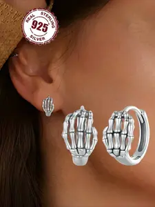 Hypoallergenic 925 Sterling Silver Skull Hand Bone Earrings, Cute Gothic Jewelry for Women, Perfect Gift for All Occasions, Halloween