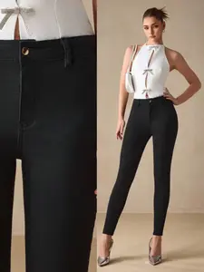 Women's High Stretch Slim Fit Long Pants, Basic Casual Skinny Jeans with Pockets, Button Fly, All Seasons, Plain Design, High Waist, Trouser