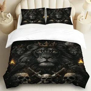 3PCS Duvet Cover Set, 1 Duvet+2 Pillowcases(Without filler), Lion Skull Crown Sword Raven theme, Halloween bedding set, Gothic Style Luxury Bedroom Decor Living Room Studio Apartment