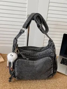 Casual Fashion Multi-Pocket Denim Bag, Shoulder Crossbody Bag with Cute Charm, Stylish and Practical Jean Handbag for Daily Use