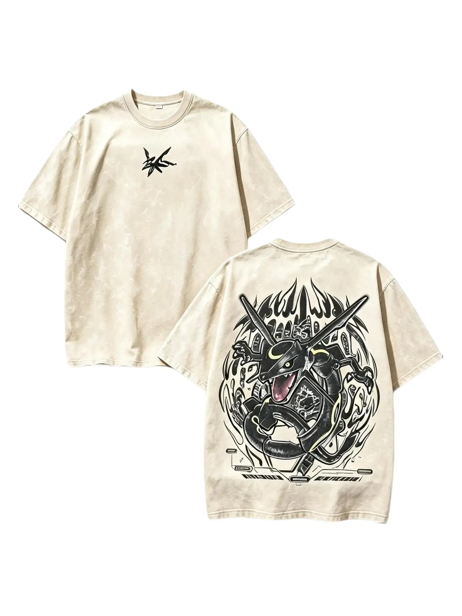 Shiny Rayquaza Graphic T-Shirt Vintage Washed Cotton Tee, Front Back Pokemon Dual Print Oversized Streetwear Top For Anime Fans Daily Casual Outfit