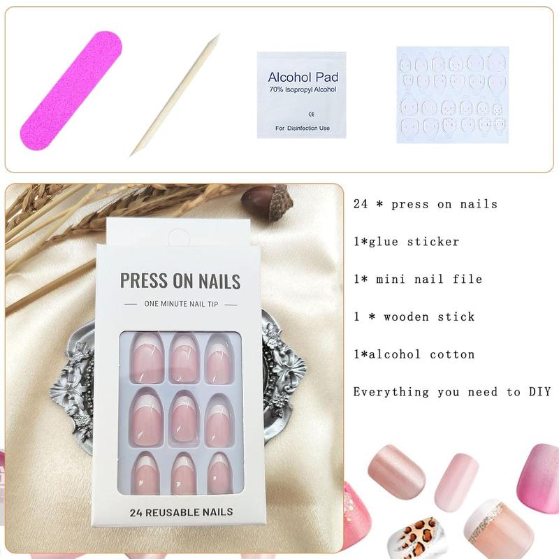 White French Tip Press on Nails - Short Oval Fake Nails for Daily Wear - Simple Glue on Light Pink Full Cover False Almond Acrylic Stick on Nails for Women - 24 Pcs