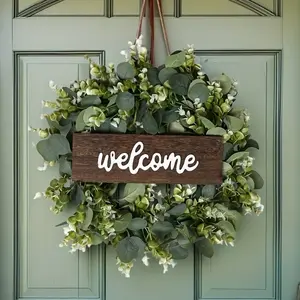 15.74 Inch Eucalyptus Wreath, Welcome Door Sign for Home Decor, Spring Summer Leaf Decoration for Weddings and Festivals, Greenery Decoration