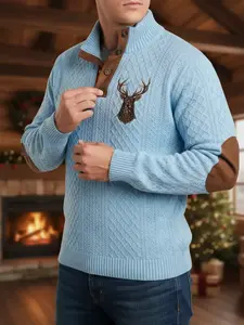 fall outfits Men's autumn and winter fashion jacquard diamond-patterned color-blocking top and hoodie, Christmas hit reindeer print, semi-open button design, brown patches on the elbows, high-quality outfit