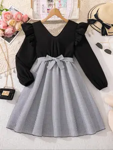 Girls' Striped V-Neck Long Sleeve Dress, Adjustable Waist Belt, Casual Fitted Style, Perfect for Daily Wear & Vacation, Striped Pattern Dress