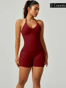 Women's Yoga Set, Seamless Longline Backless Tank Top & Tight-Fitting Shorts, Summer Gym Workout, 2 Piece Fitness Clothing, Gymwear, Pilates Yoga Wear, Sporty Style Clothes
