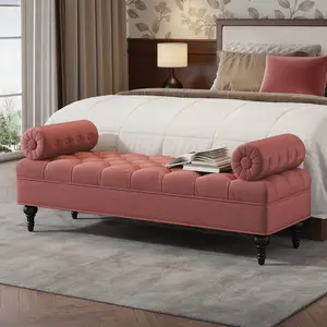 ARCH Modern Bedroom Bench,Bench for End of Bed,Velvet Upholstered Bench with 2 Detachable Pillows,Comfy Upholstered Footstool,Ottoman  for Bedroom,Living Room, Entryway,Pink