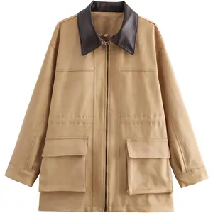 Faux Suede Leather Collar Utility Jackets Oversized Casual Adjustable Waist Coat with Pockets