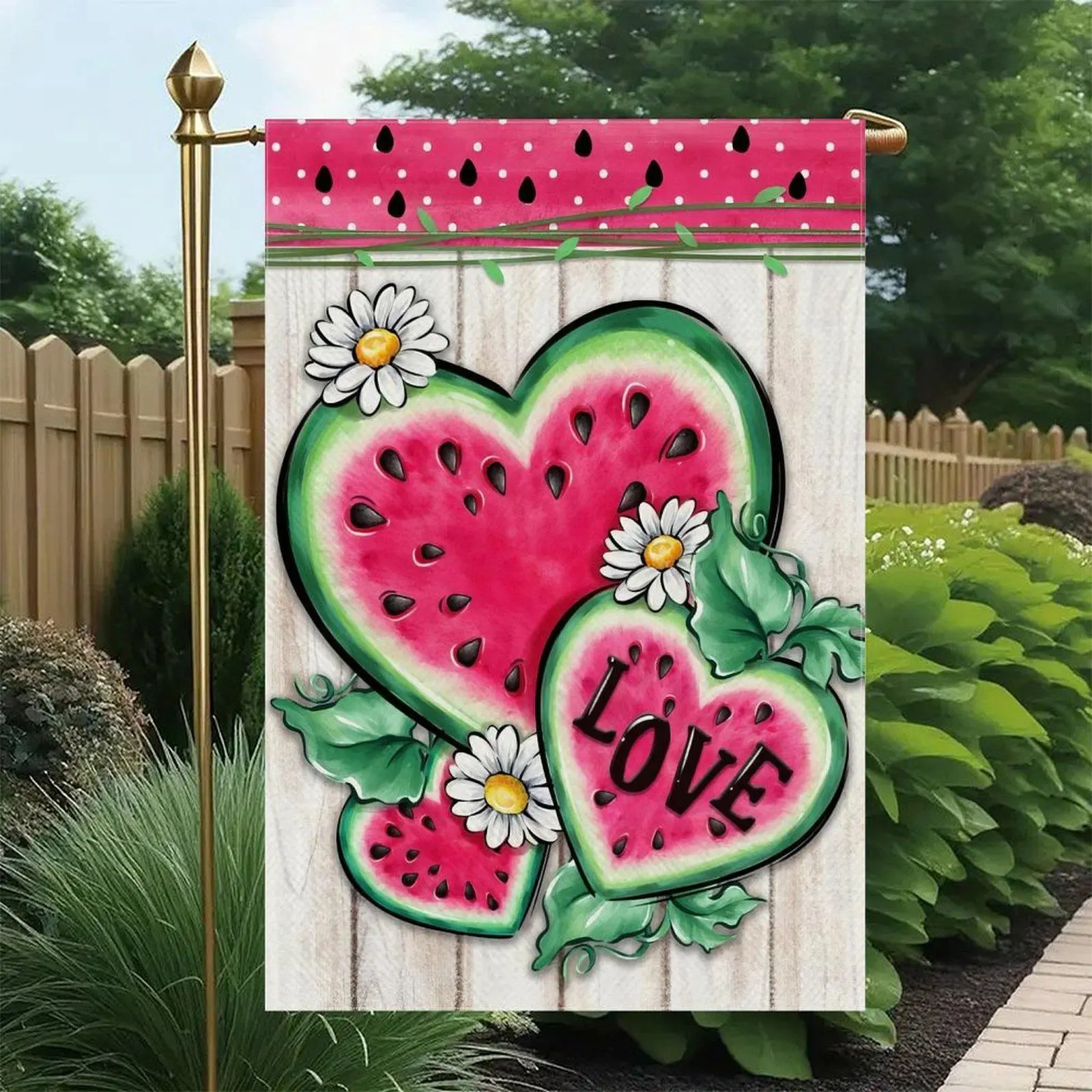 Heart Shaped Watermelon Love Daisy Wood Plank Summer Fruit Garden Flag Double-Sided 12x18in, Pink Polka Dot Berry Seasonal Lawn Banner