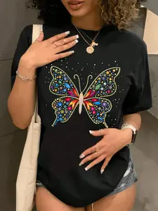 Women's Butterfly Print Round Neck Tee, Fashion Casual Crew Neck T-Shirt for Daily Holiday Vacation Outdoor Wear, Ladies Clothes for All Seasons