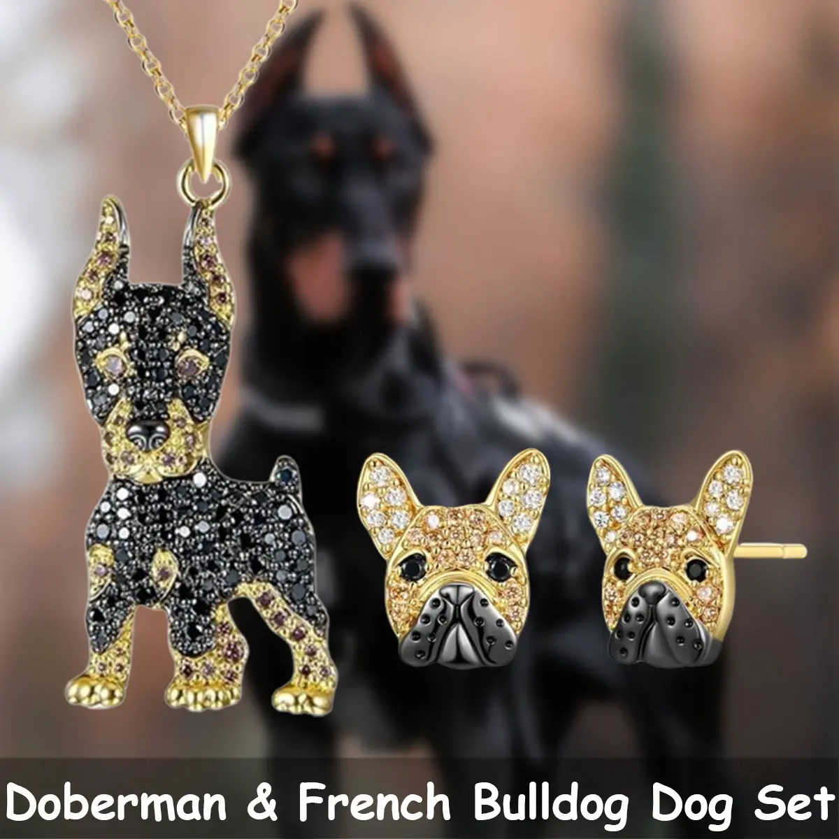 Cute Animal Motif Jewelry Set, 3-Piece Golden Alloy Doberman Pendant Necklace & French Bulldog Earrings, Unisex Gift for Dog Lovers, Daily Wear