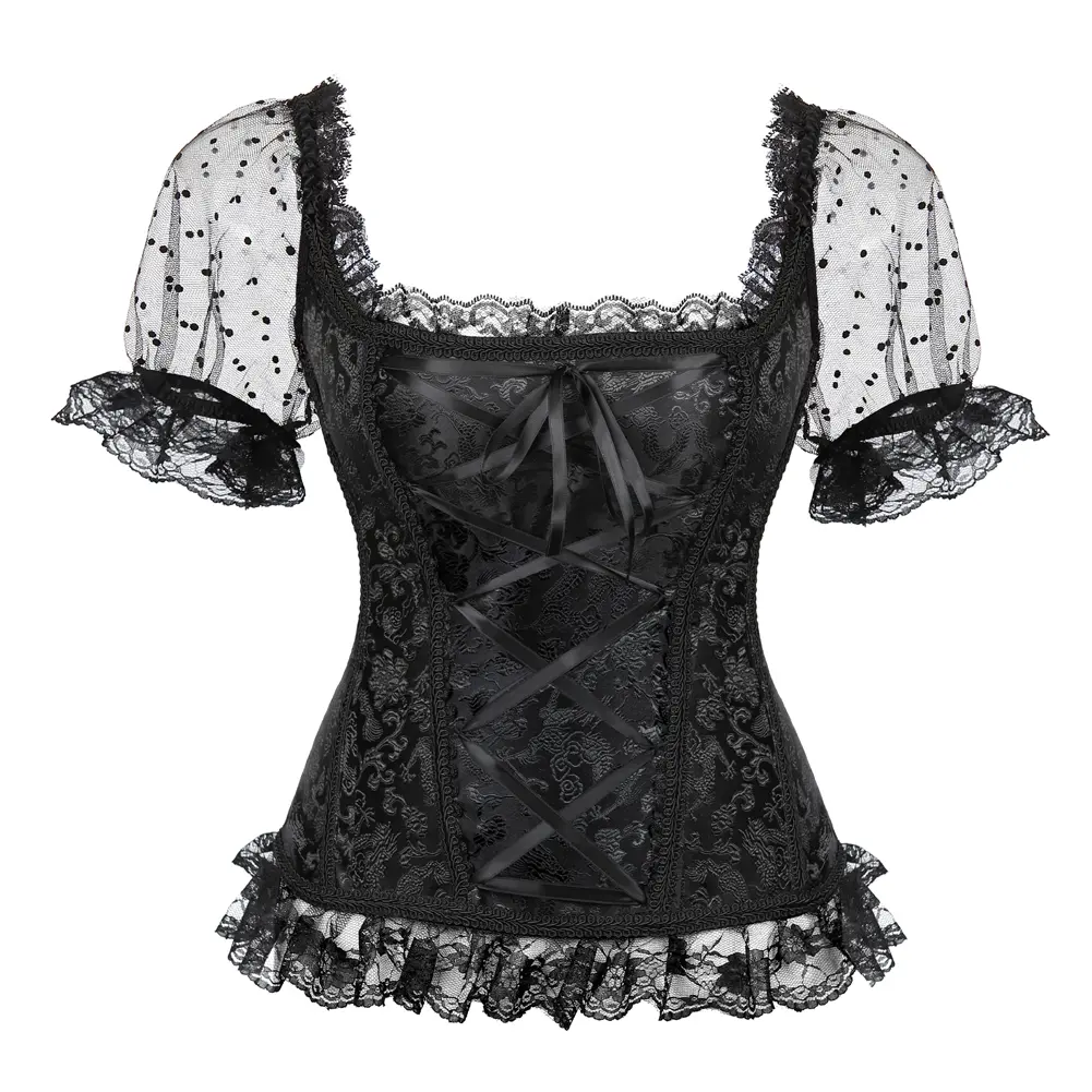 Women's Plus Size Sleeved Halter Neck Waist Trainer Corset Top - Lace Lingerie with Zipper, Basques, Gothic Look, Renaissance Halloween Costume Fashion (Golden, Blue, Black, White)
