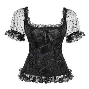 Corsets Bustier for Women with Sleeves Zipper Basques Lace Lingerie Top Plus Size Gothic Renaissance Halloween Costumes Golden Blue Black White