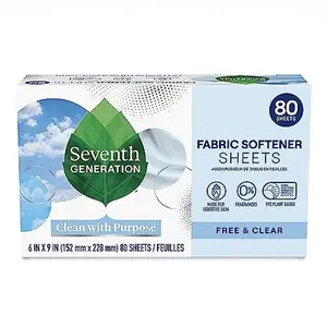 Seventh Generation Dryer Sheets Laundry Fabric Softener, Free & Clear Made for Sensitive Skin, 80 Sheets