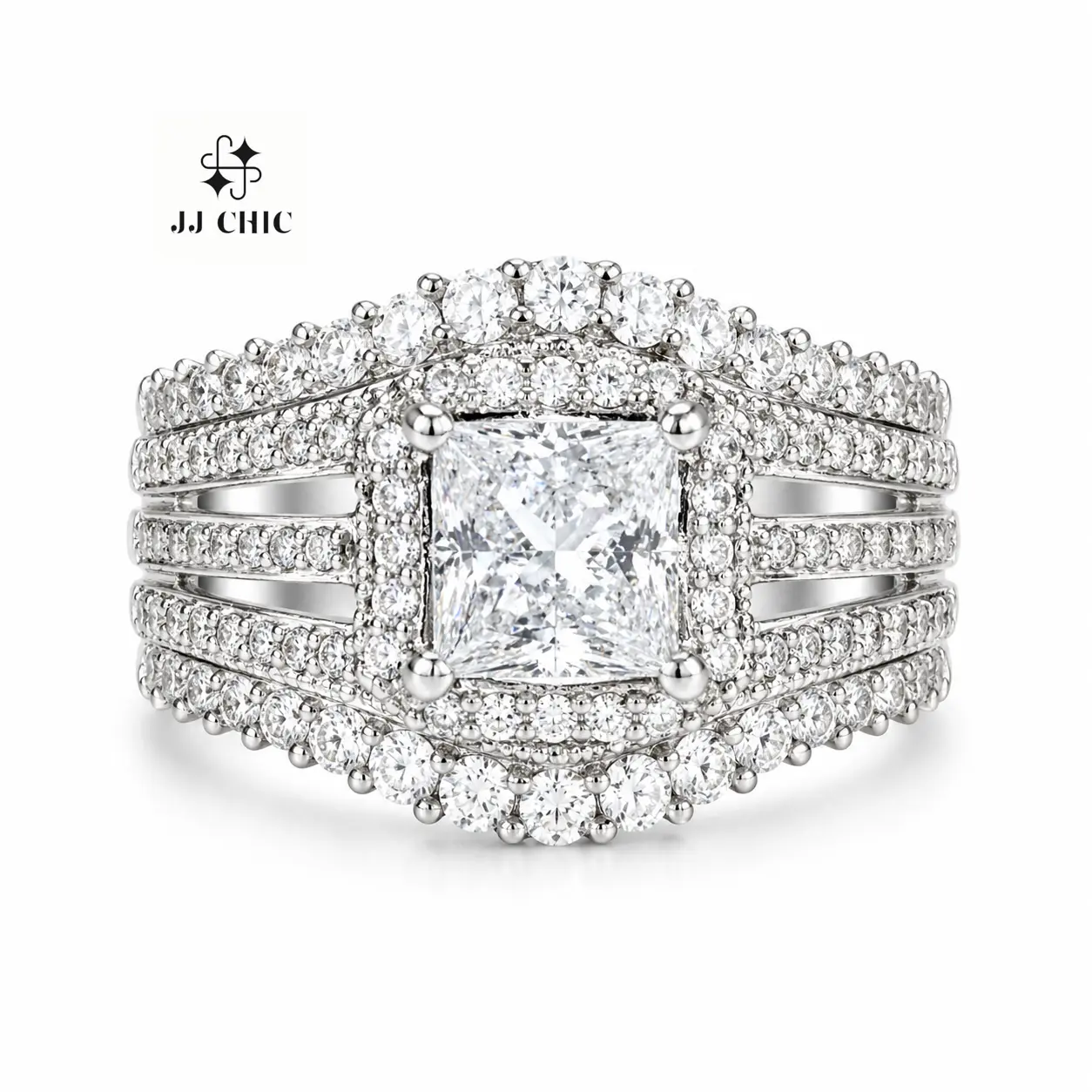 JJ CHIC Square Five-in-One Ring Micro Pave Halo Design Perfect Engagement Wedding Rings for Women Elegant & Versatile Jewelry