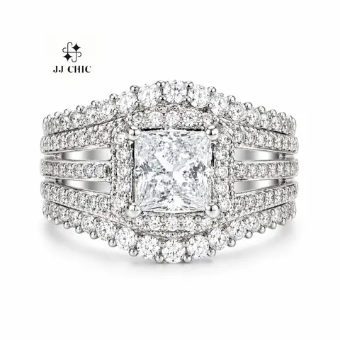 JJ CHIC Square Five-in-One Ring Micro Pave Halo Design Perfect Engagement Wedding Rings for Women Elegant & Versatile Jewelry
