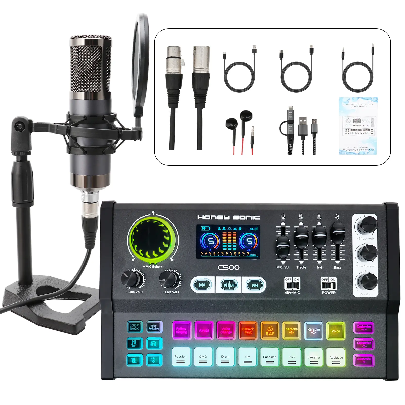 HONEY SONIC C500B Sound Card with Voice Changer Device, Preset Sounds, RGB Buttons, Shock Mount, 48V-5V Power Support, Audio Connection Cables for Windows Streamers