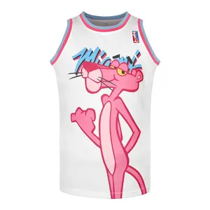 White Basketball Jersey with Pink Panther Print, Back Number 3 Design Unisex for Daily Wear Sports Training