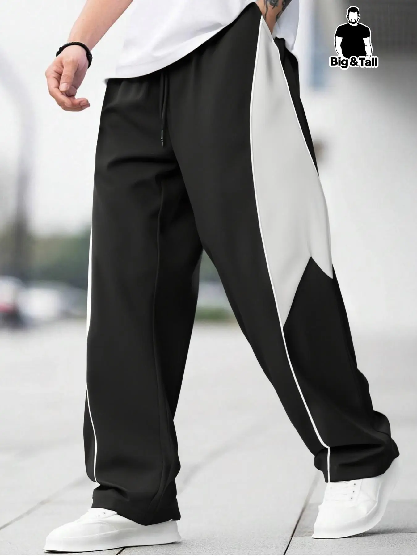 【Plus Size】 Colorblock Striped Trim Pants, Casual Loose Fit Comfy Breathable Trousers for Men, Men's Bottoms for Daily Wear