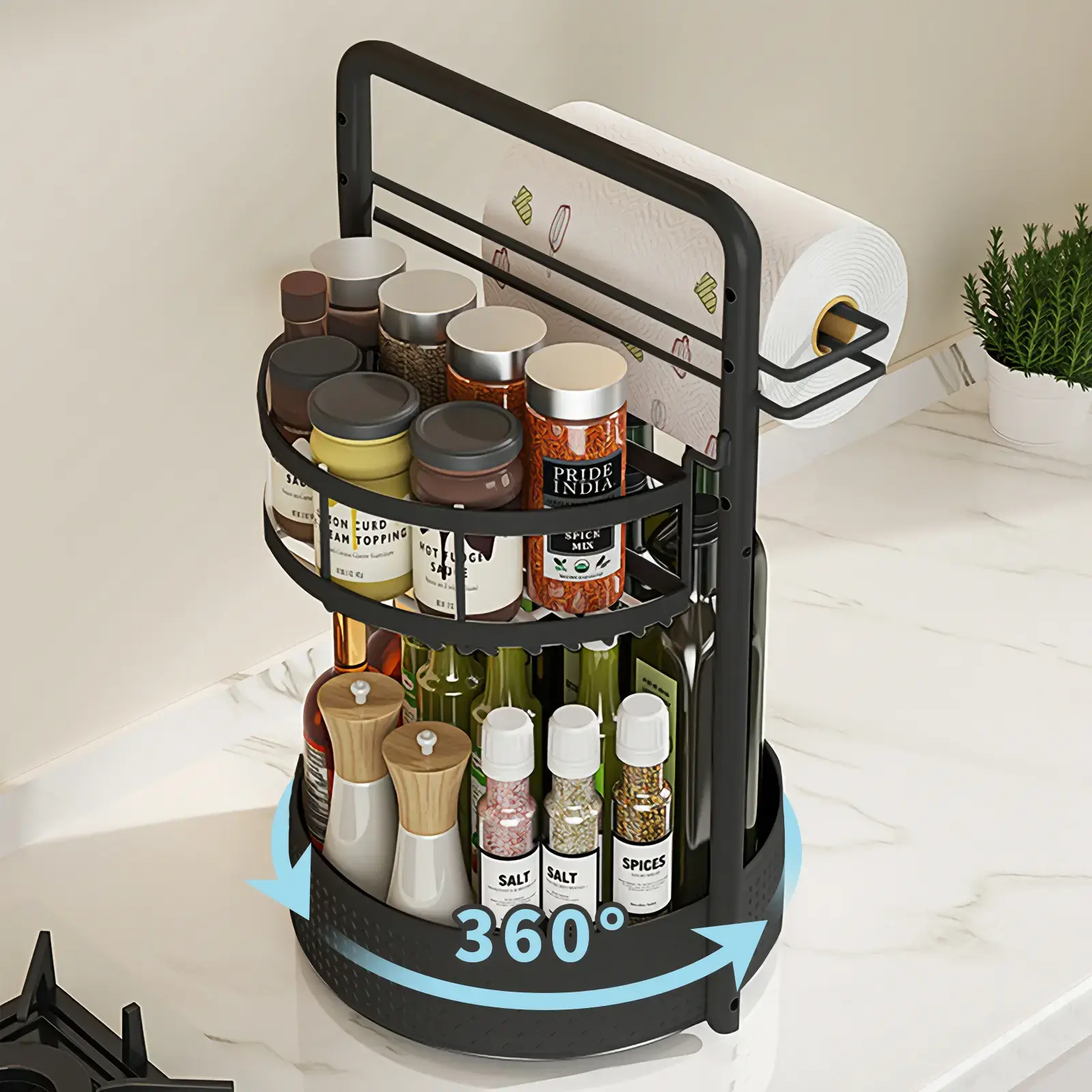 Rotating Spice Rack with Paper Towel Holder, 2 Tier Turntable Lazy Susan, Seasoning Organizer for Kitchen Countertop Cabinet, Black