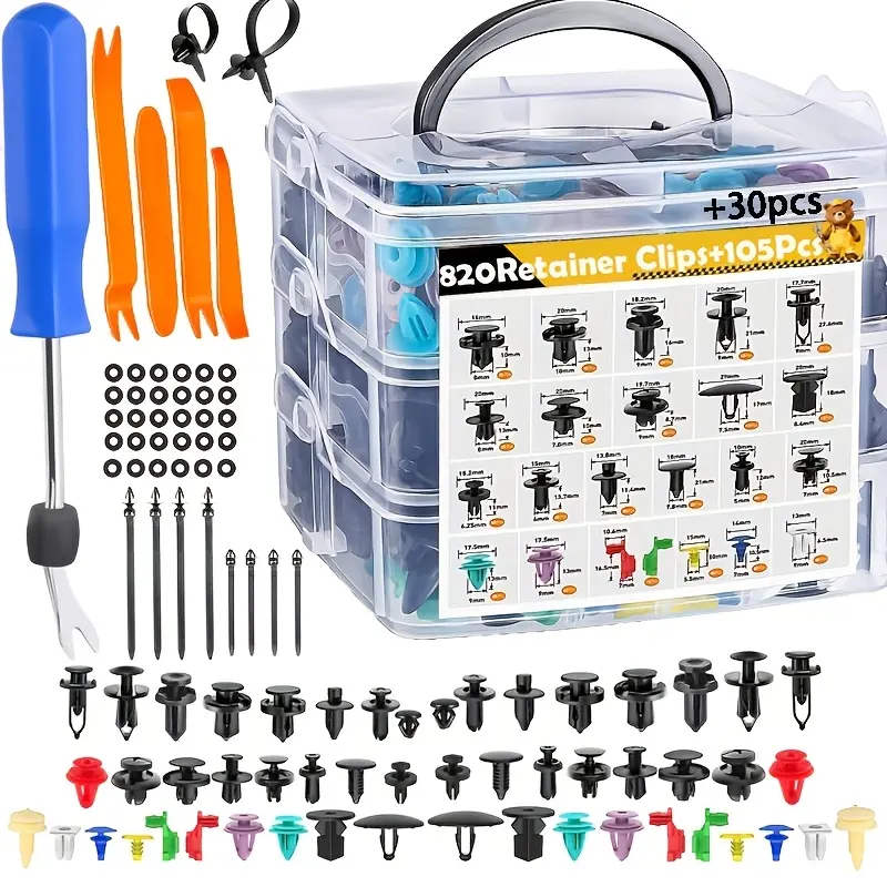 925Pcs 19 Popular Sizes Car Retainer Clips & Plastic Fasteners Comprehensive Tool Set, Auto Push Pin Rivets with Trim Removal Tools, Cable Ties, Rubber Grommets for Hassle-Free Door Fender Bumper Dashboard Replacement