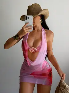 Swim SXY 3pcs/Set Women's Summer Beach Swimwear, Pink Orchid Floral Print Draped Neck Mesh Cover Up, Bikini Bottom, Sexy Swimwear Set Pink Cover Up Swim Pink Dress Sexy Sexy Coverups Swimwear Sexy Tank Top, Valentine Outfits For Women Sexy Beach Dress Be