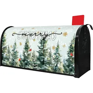 Merry Christmas Mailbox Cover -  Standard Size 18" X 21" - Christmas Dark Green Pine Trees  Birds Snowflake Mailbox Cover Decor for  Garden Yard  Letter Box