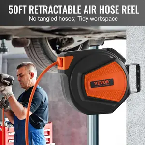 VEVOR Retractable Air Hose Reel, 3/8 IN x 50 FT Hybrid Air Hose Max 300PSI, Air Compressor Hose Reel with 5 ft Lead in, Ceiling / Wall Mount Enclosed Air Reel, 180° Swivel Mount