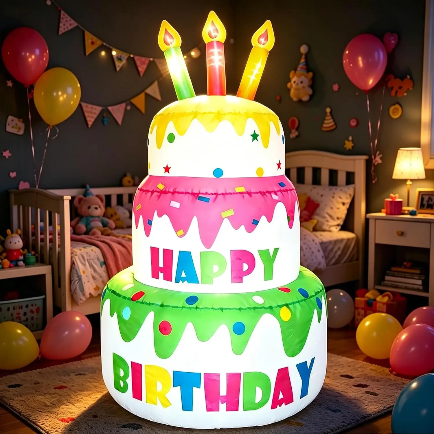 4FT H Inflatable Birthday Cake, Novelty Birthday Gift, Blow up Birthday Cake with Lighted Candles 6 LED Lights Inside for Indoor Outdoor Home Celebration Birthday Party