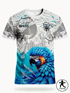 Brazil National Team Men's Football Jersey, Rio Style Breathable Round Neck Sport Top, Parrot Print, Lightweight Sweat-Wicking Fabric
