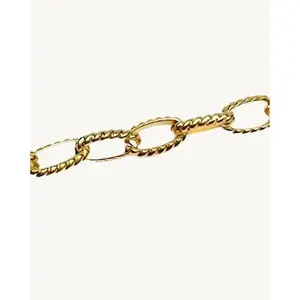 AVELI Yellow Tone Stainless Steel Textured Long, Rolo Link Bracelet / Starter Charm Bracelet