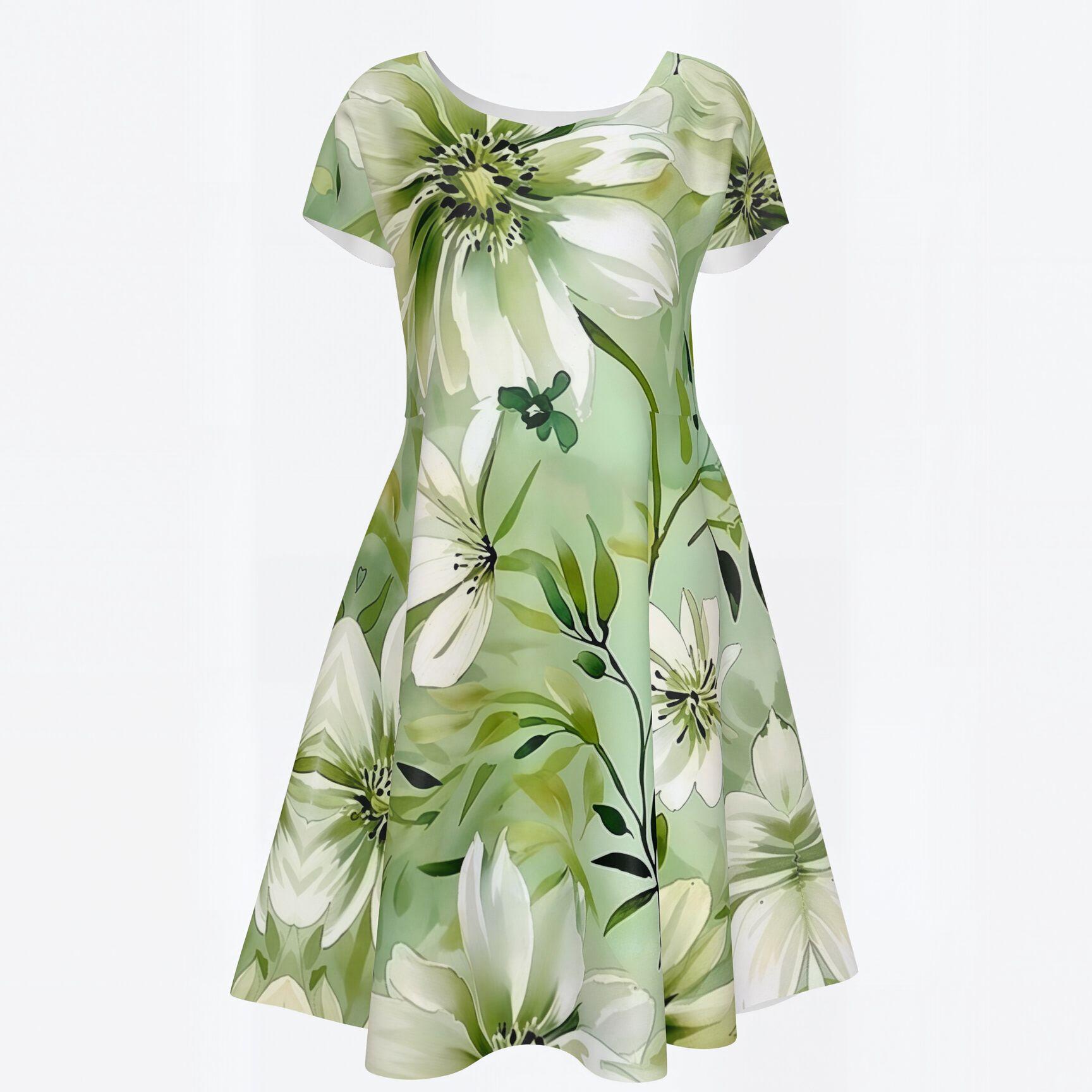 Vintage Floral Print Dress for Women Elegant Knee Length A-Line Swing Dress Short Sleeve round Neck Summer Casual Dress Fit and Flare Dress for Wedding Guest Party Cocktail Holiday Beach Travel Lightweight Comfortable