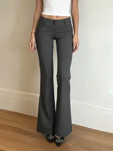 Women's Y2K Basic Casual Striped Low-Waist Slim Fit Fitted Flared Pants, Button Front Design, Drop Waist Long Regular Length, All Seasons Wear