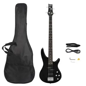 Full Size 4 String Electric Bass Guitar Black Maple Neck Rosewood Fingerboard Dual Pickup Configuration & Accessories for Beginners Musicians