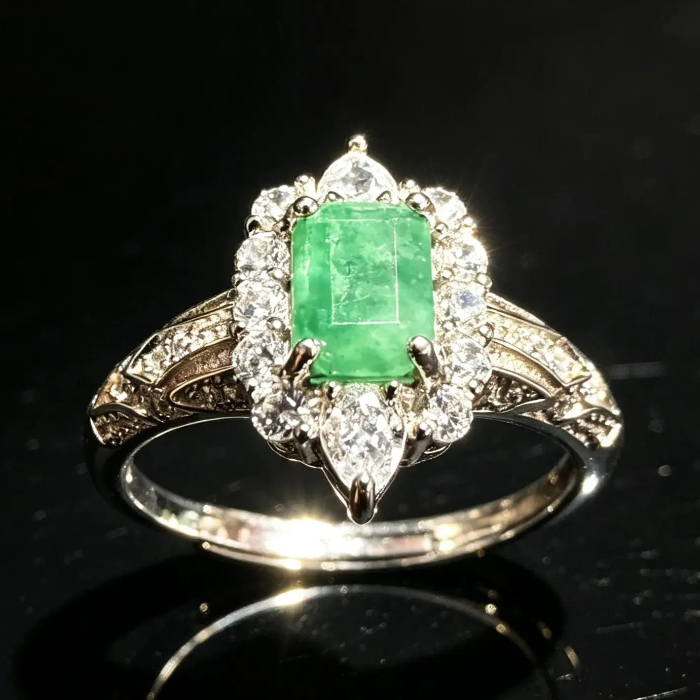 Art Deco Natural Emerald Gemstone Ring, 925 Sterling Silver, Adjustable