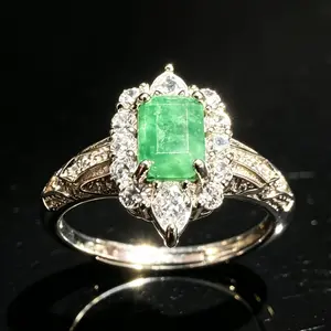 Art Deco Natural Emerald Ring | 925 Sterling Silver Adjustable