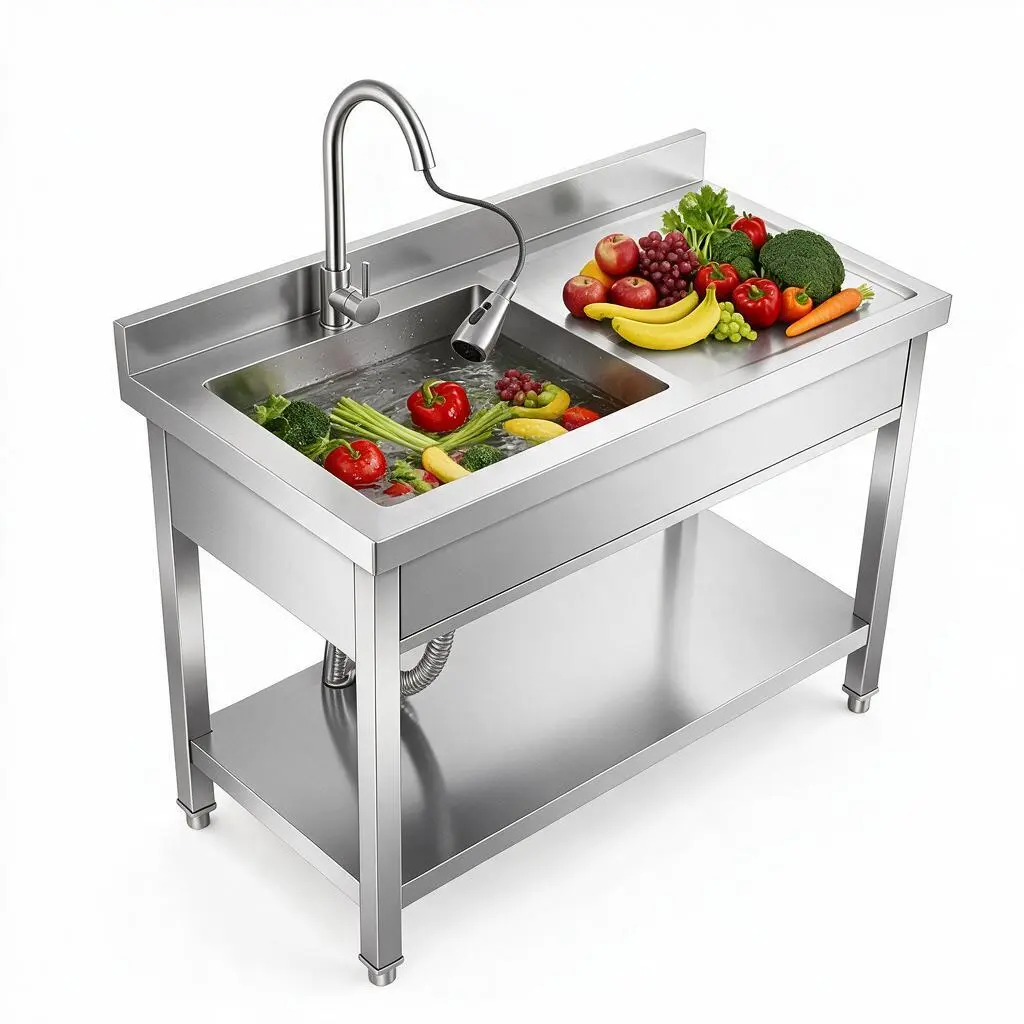 Stainless Steel Utility Sink with Hot & Cold Faucet, Storage Shelf and 360° Rotatable Single Bowl, Portable Top-Mount Wash Station for Home Kitchen, Garage, Outdoor Prep & Washing (Kitchensink)