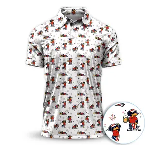 USA Dachshund Beer & Fireworks Pattern Polo Golf Shirt Short Sleeve Outdoors Menswear Tops Casual Fabric