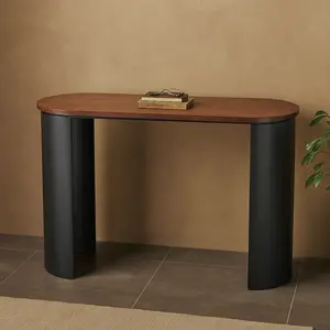 Wood Curved Crescent Living Room Console Table with Brown Wood Oval Tabletop