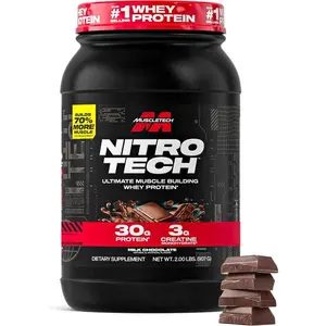 Whey Protein Powder Milk Chocolate Nitro Tech Ultimate Muscle Building Formula with Whey Isolate 30g Protein 3g Creatine 6.8g BCAAs 2lb Packaging May Vary