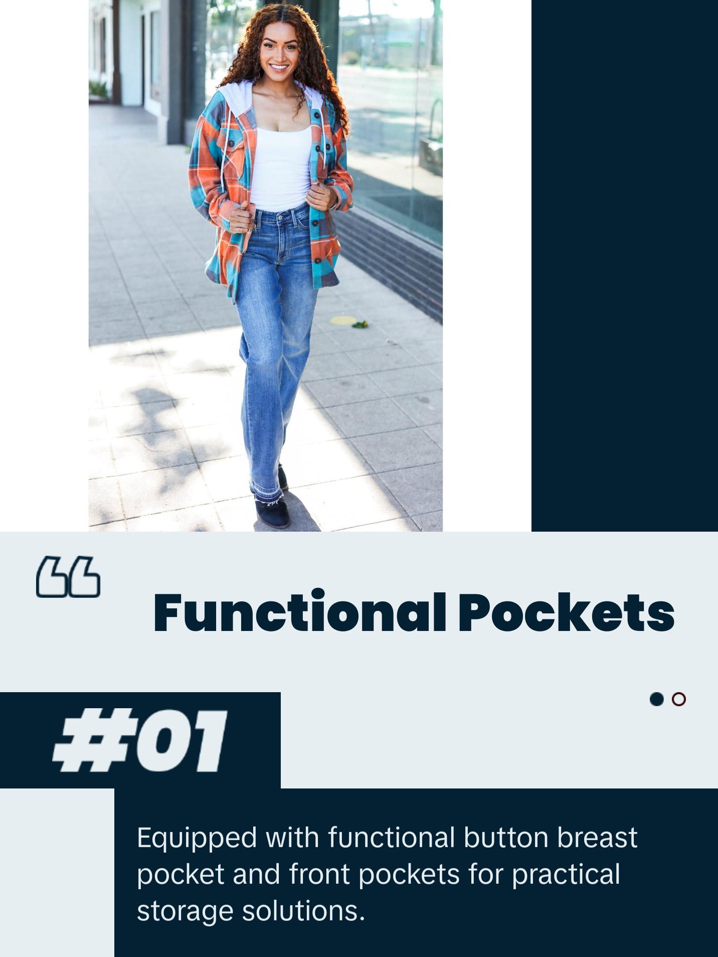 Stand Out Teal & Orange Plaid Fleece Hoodie Shacket