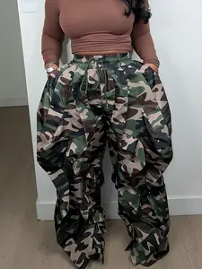 Trendy Camouflage Multi-Layer Pleated Workwear Wide Leg Pants, Drawstring Elastic Waist, Loose Fit Streetwear, Hip-Hop Style, Casual Jeans, Camo Print Pants, Casual Streetwear Trousers