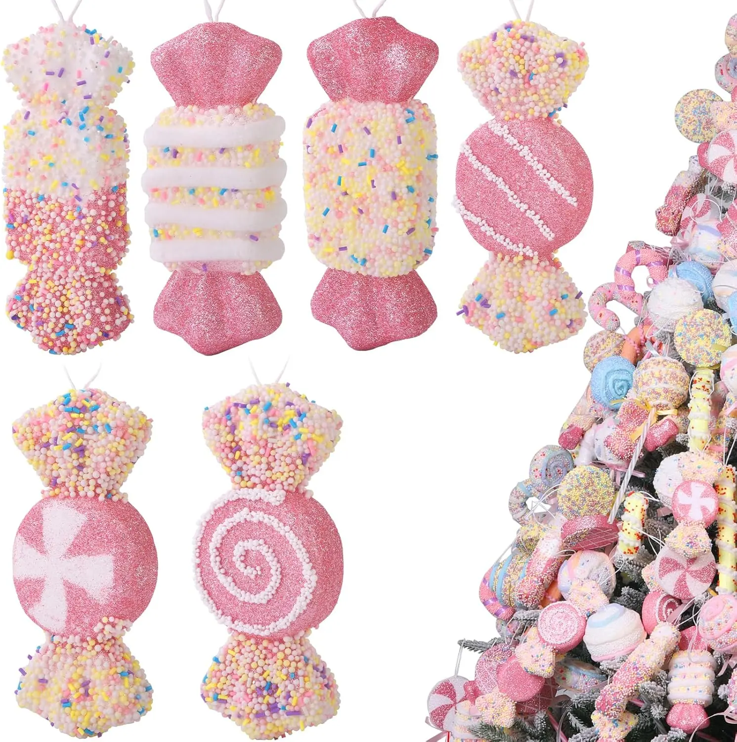 6pcs Christmas Candy Land Decorations Xmas Pastel Candy Canes Cute Tree Hanging Ornaments for Christmas Birthday Party Wedding Holiday Home Decor
