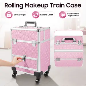 Pink Rolling Makeup Train Case - 2026 Viral Design, 7 Compartments, 1 Drawer, 20kg Capacity, 34x25x47cm Dimensions, for Professional Beauty Pros, Home Organizer Storage Holder