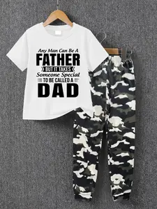Boys' Summer Fashion Creative Letter Pattern Print Casual Short Sleeve T-Shirt + Comfortable Camo Sweatpants Set, Boys' Clothing Gift