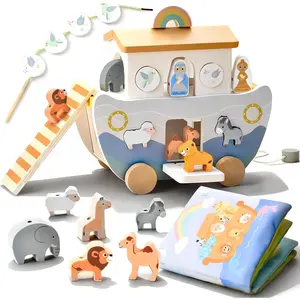 Wooden Noah's Ark Pull Along Toy with Bible Story Cloth Book - Sorting Set  Toddlers - Religious Baptism Gift  Boys & Girls -Christian Preschool Learning Toy  Kids