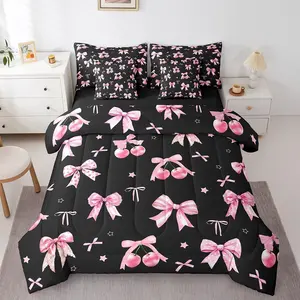 Feelyou 7-Piece Princess Bedding Set - Microfiber Luxe Pink Cherry Bow Comforter, Watercolor Ribbon Bow Bedsheet Sets, Black Simple Floral Print Blanket, Multi-Size Options