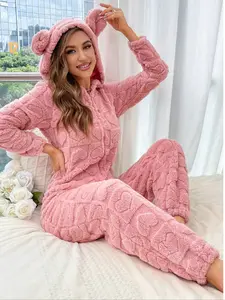 Women's Plush Onesie Pajamas Set, Long Sleeve Hooded Jumpsuit with Ears Design, Autumn Winter Warm Sleepwear for Ladies