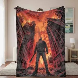 Apocalyptic City Warrior Flannel Throw Blanket - Fire Flame Blankets with Fiery Ruins Illustration, Ultra-Soft, Cozy, Warm, Lightweight for Bedroom, Living Room, Gift Decor