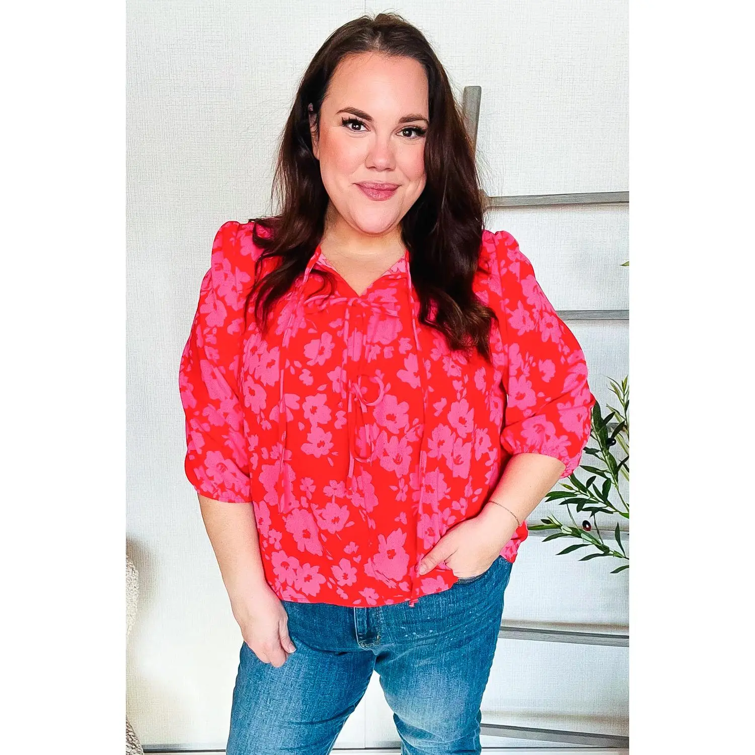 New Day Red Ribbon Bow Detail Floral Woven Blouse